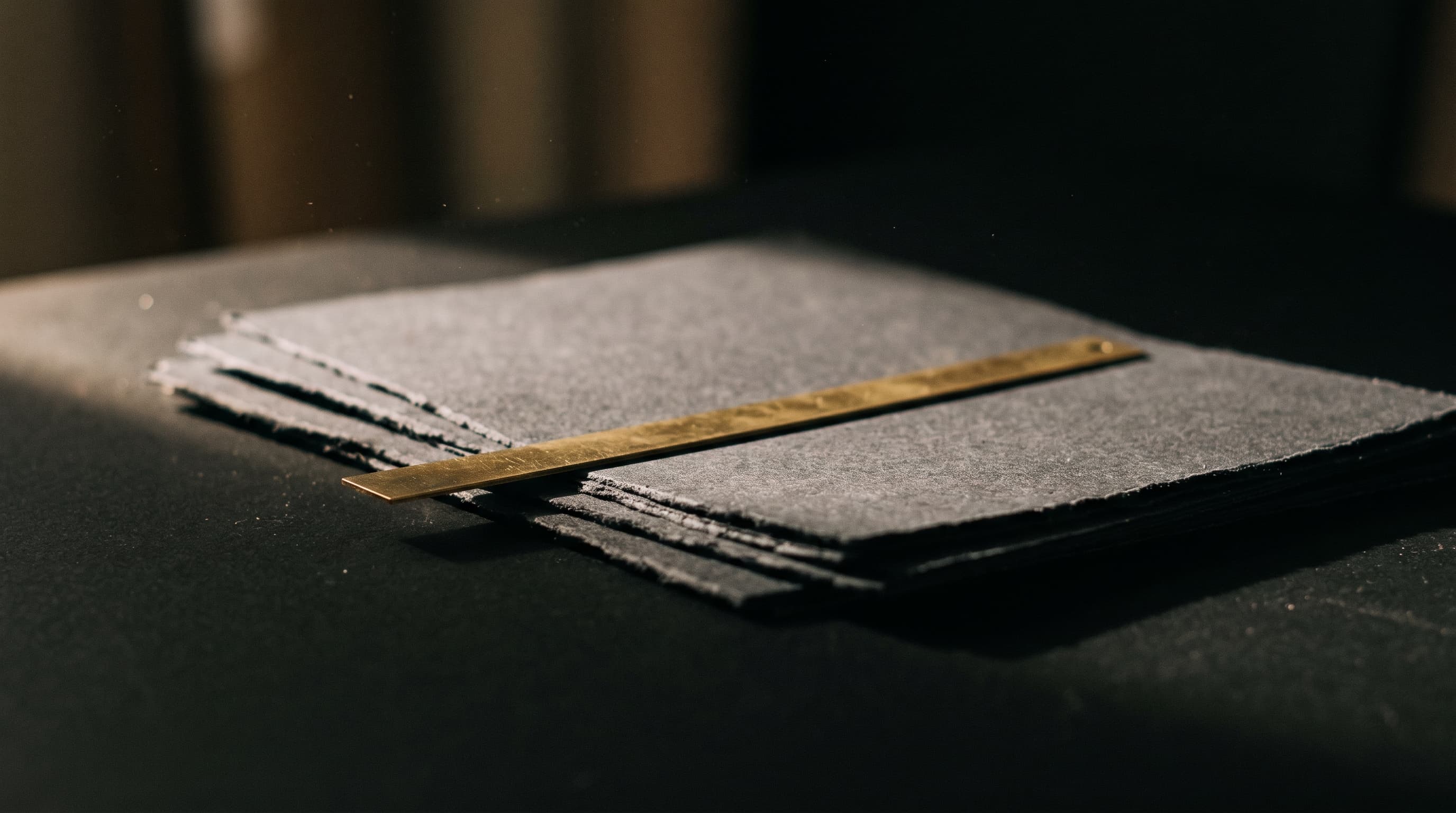 A slim brass rule resting across a fanned stack of charcoal paper, lit low and warm