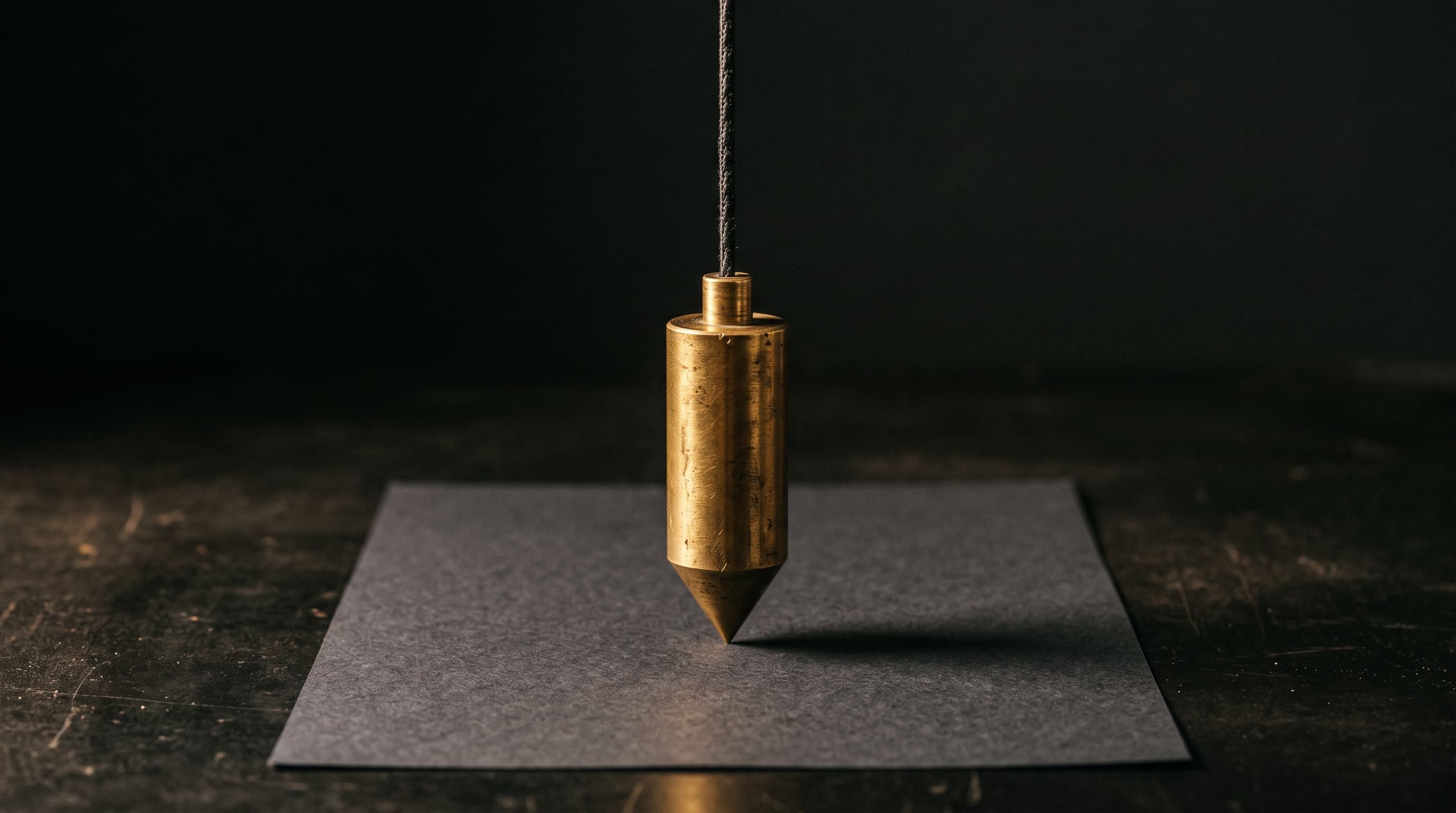 A brass plumb bob hanging dead still, its point just above a sheet of charcoal paper