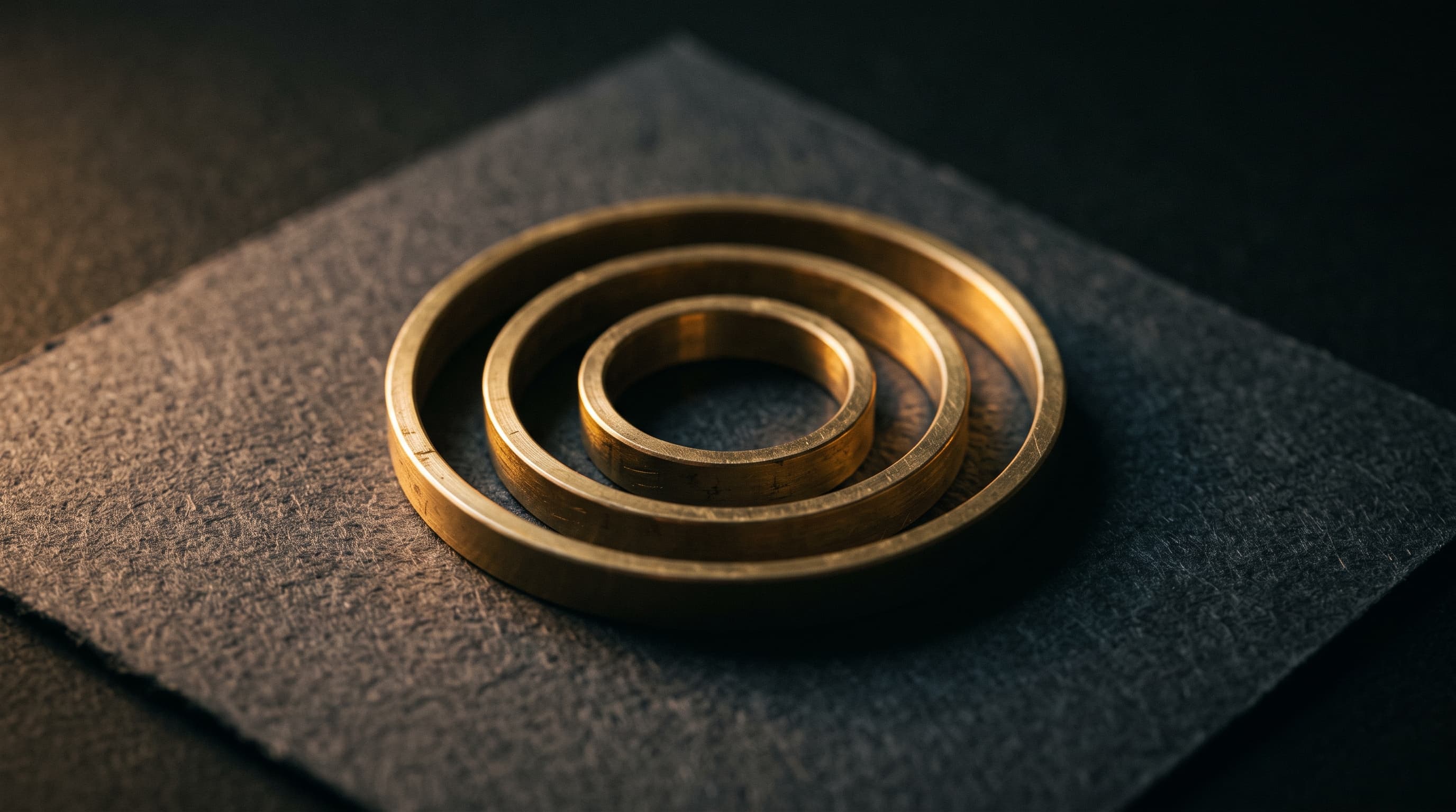 Three nested brass rings on charcoal paper, the smallest at the centre